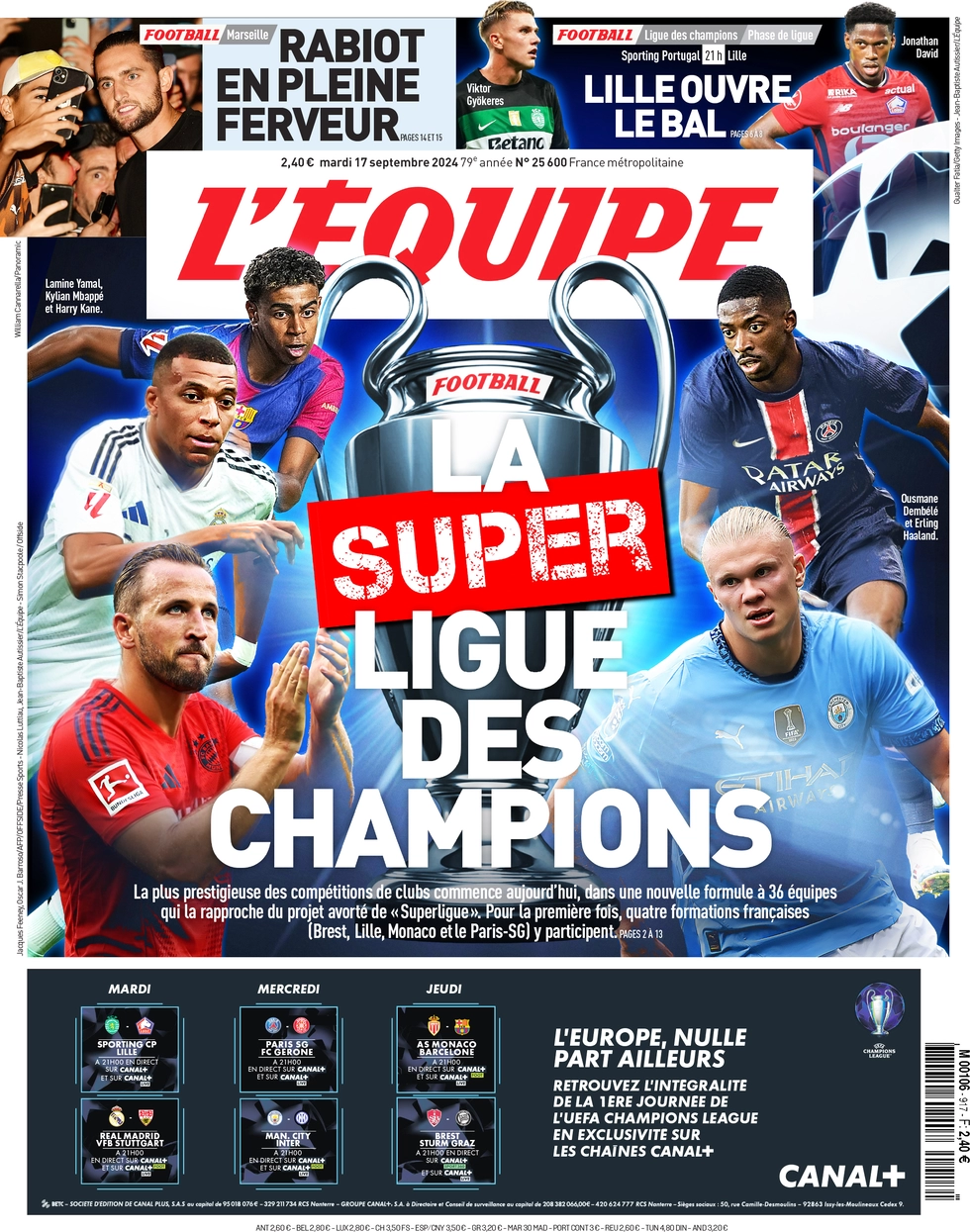 anteprima della prima pagina di lequipe del 17/09/2024