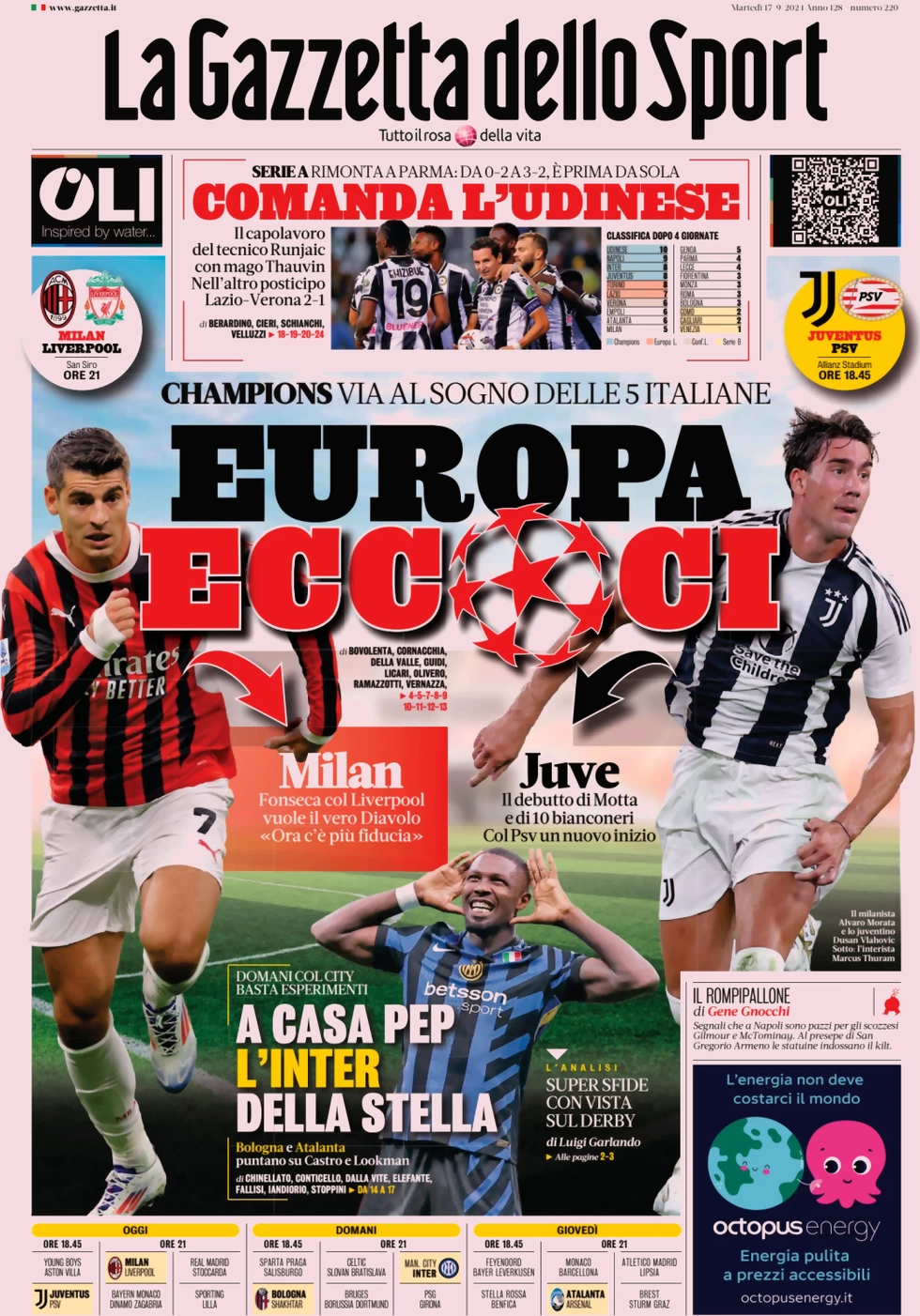 anteprima della prima pagina di la-gazzetta-dello-sport del 17/09/2024