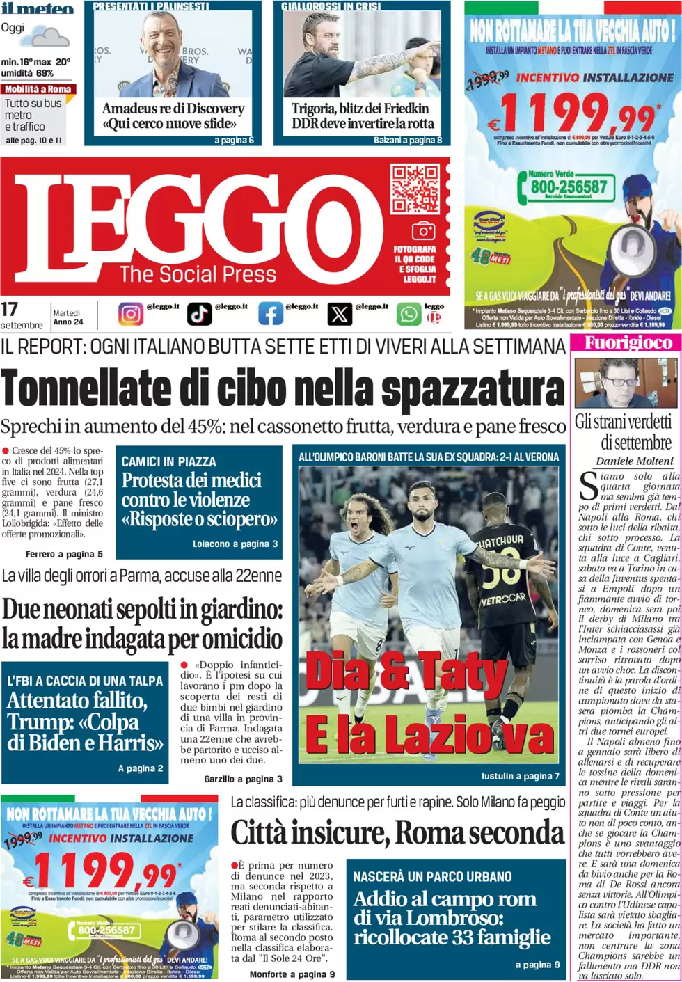 anteprima della prima pagina di leggo-roma del 17/09/2024