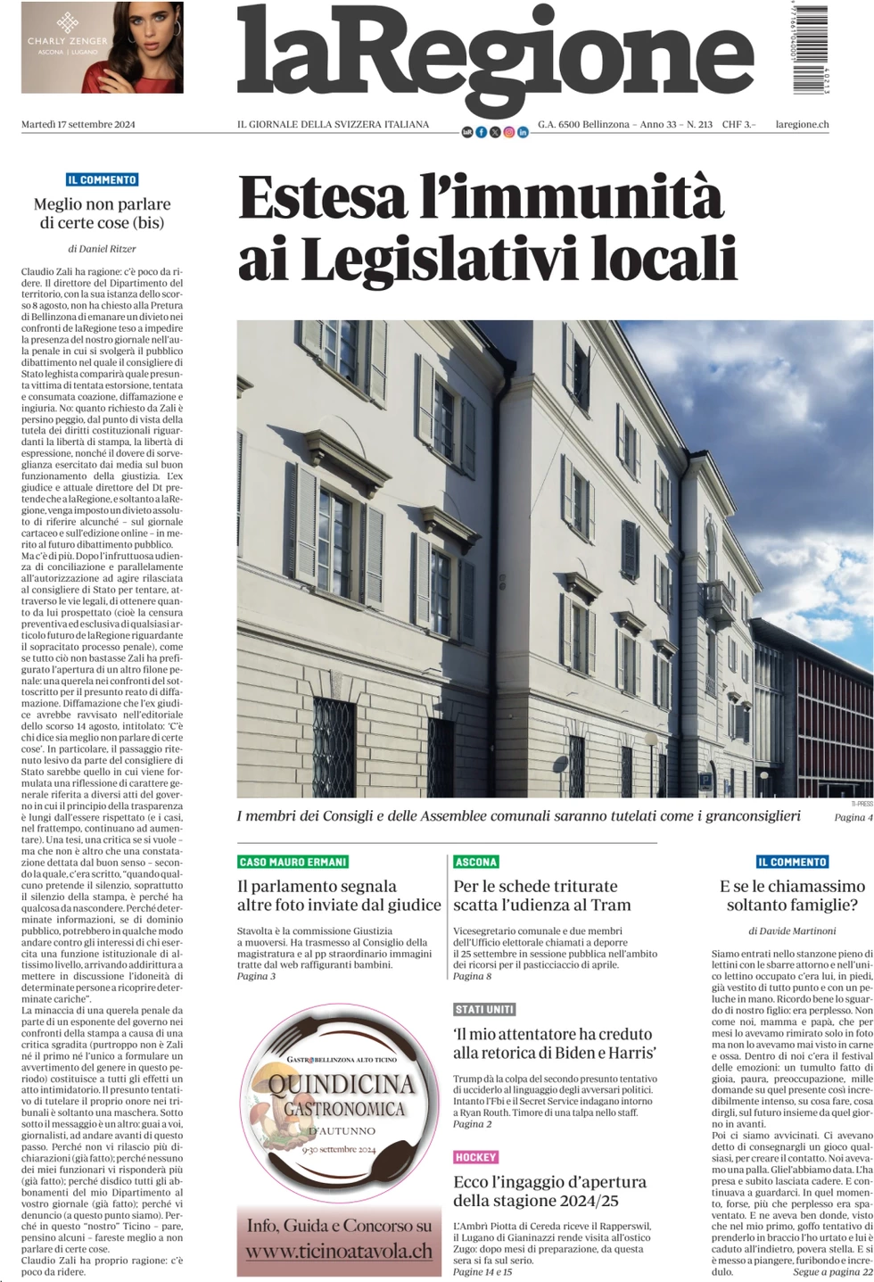 anteprima della prima pagina di la-regione del 17/09/2024