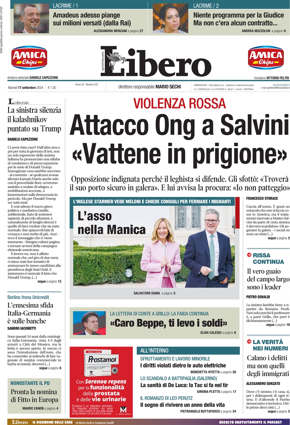 anteprima della prima pagina di libero-quotidiano del 17/09/2024