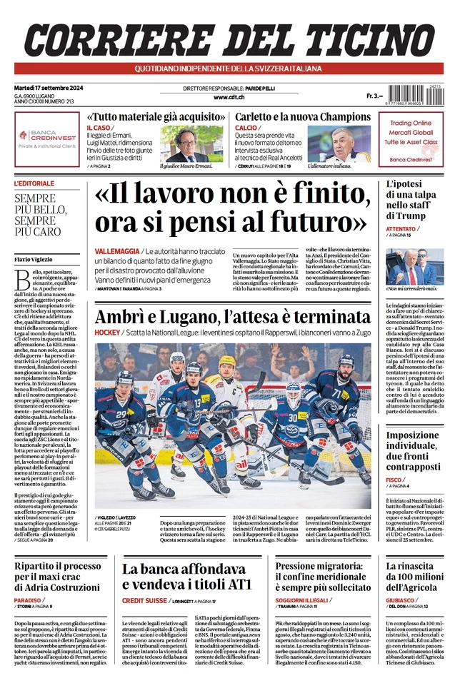 anteprima della prima pagina di corriere-del-ticino del 17/09/2024