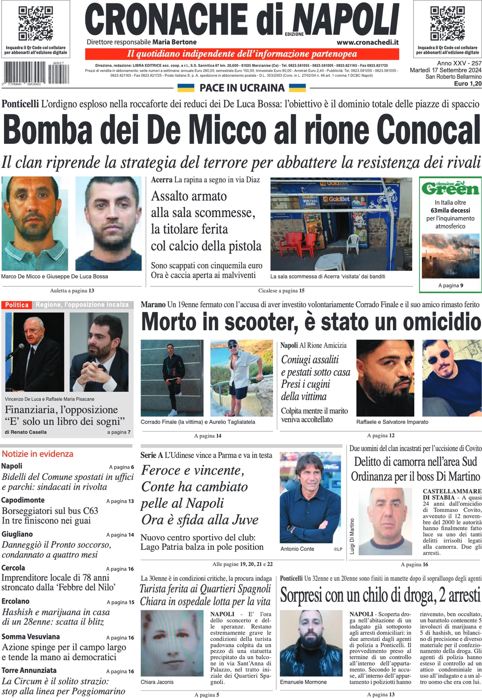 anteprima della prima pagina di cronache-di-napoli del 17/09/2024