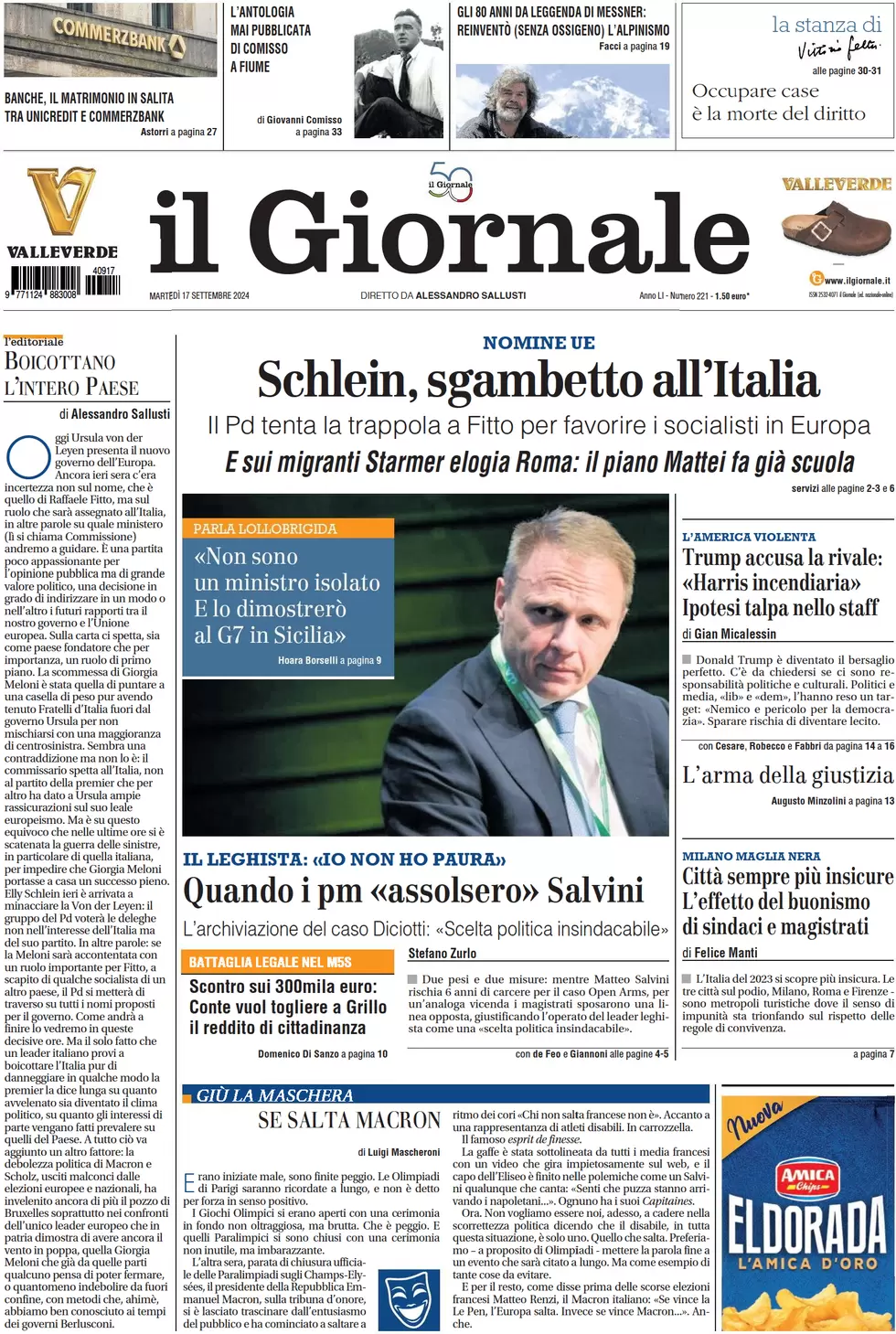 anteprima della prima pagina di il-giornale del 17/09/2024