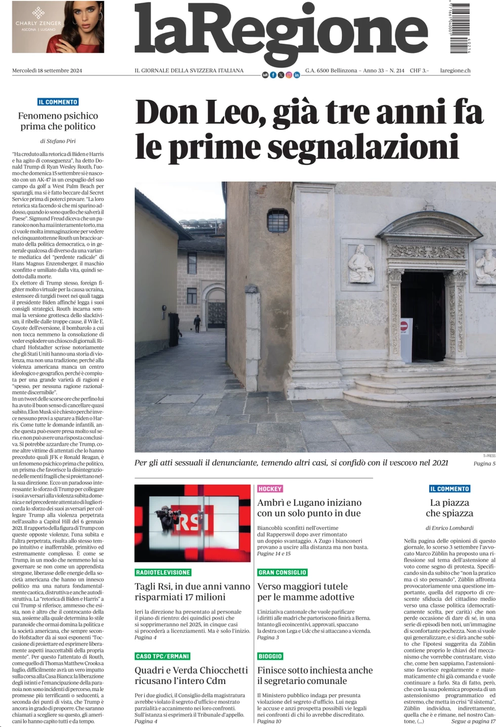 anteprima della prima pagina di la-regione del 18/09/2024