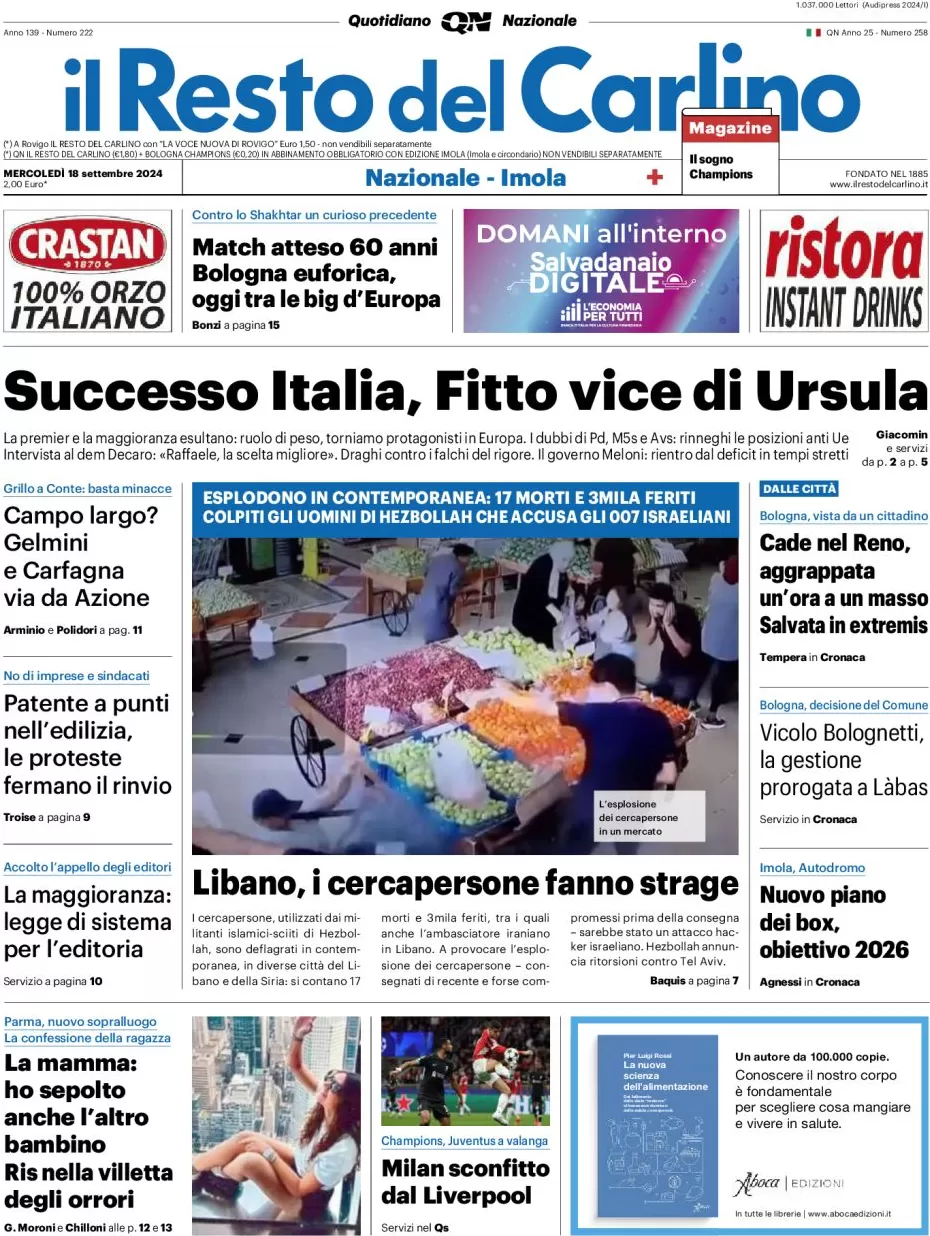 anteprima della prima pagina di il-resto-del-carlino del 18/09/2024