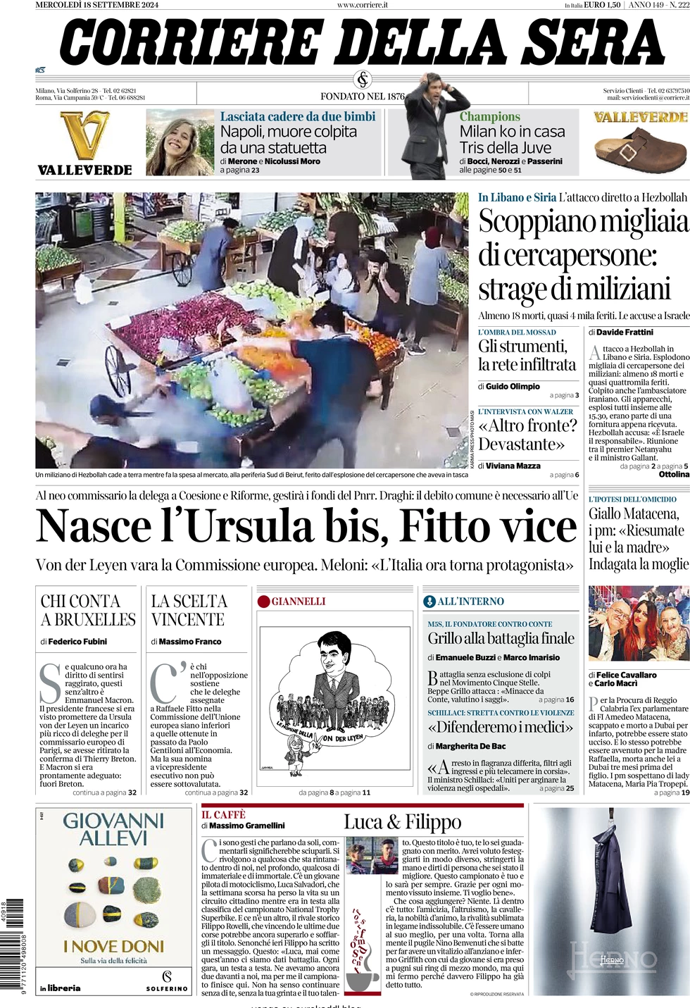 anteprima della prima pagina di corriere-della-sera del 18/09/2024