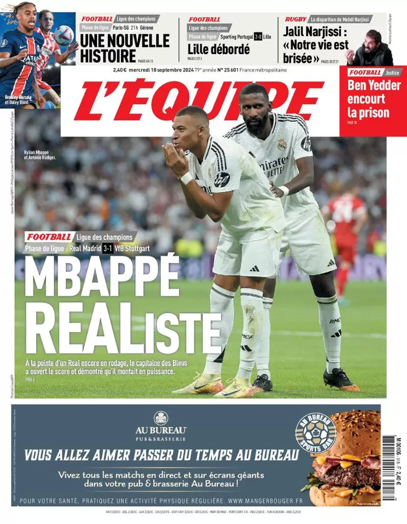 anteprima della prima pagina di lequipe del 18/09/2024