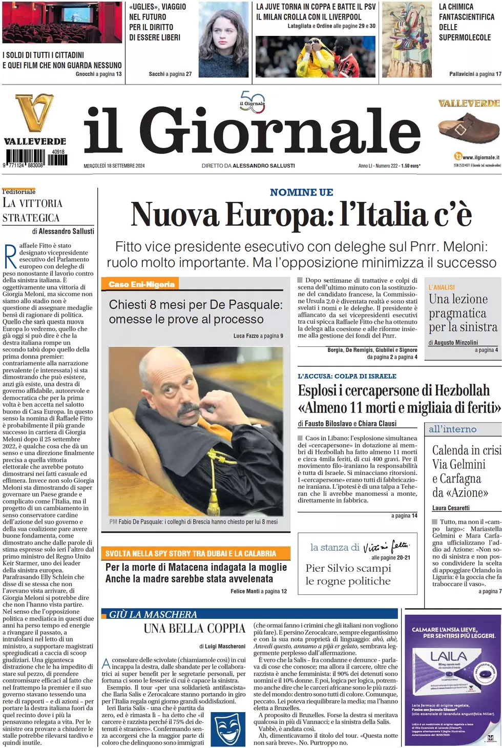 anteprima della prima pagina di il-giornale del 18/09/2024