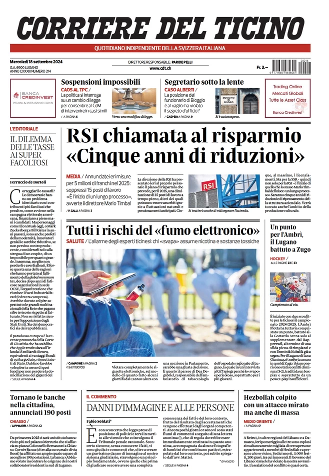 anteprima della prima pagina di corriere-del-ticino del 18/09/2024