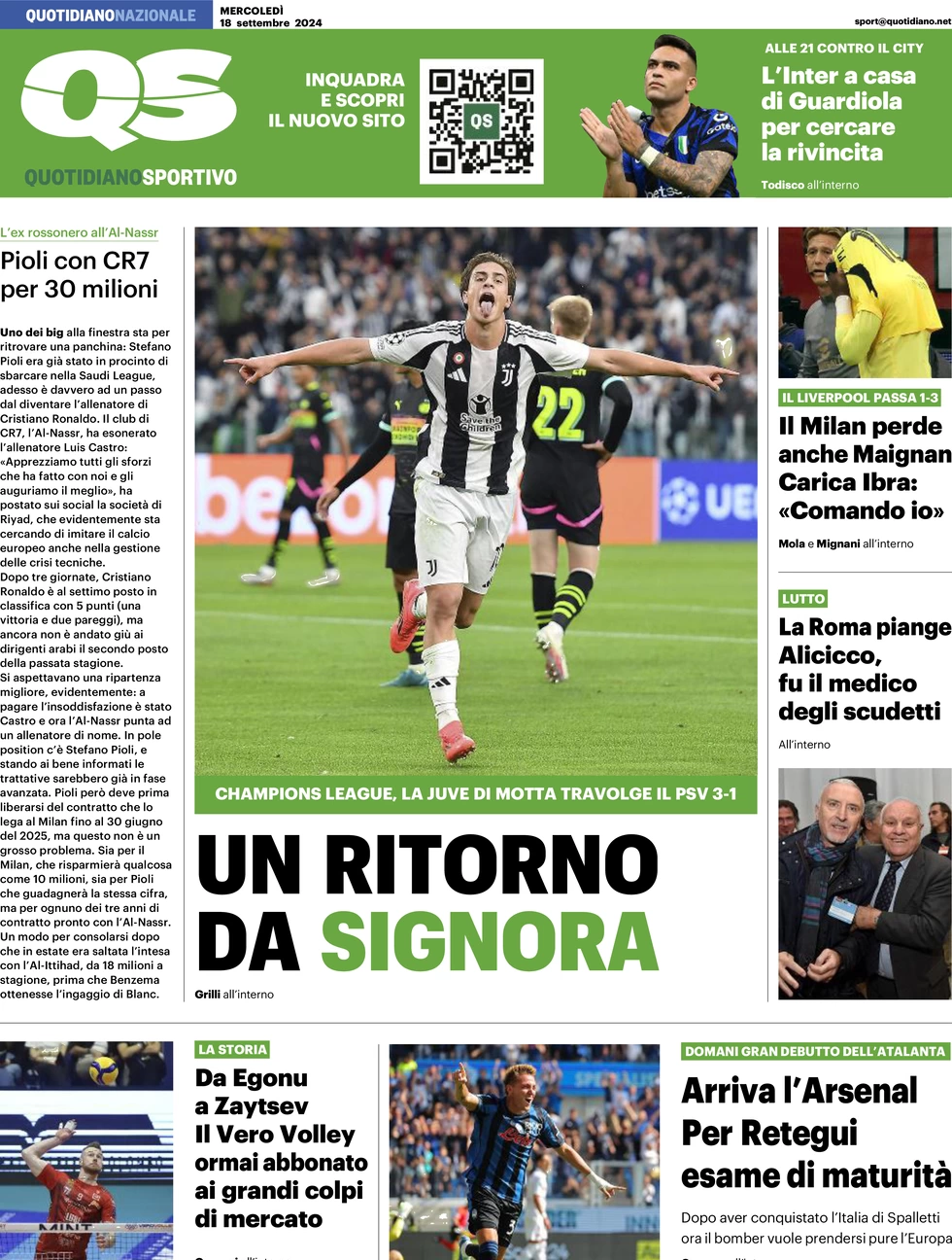 anteprima della prima pagina di qs-quotidiano-sportivo del 18/09/2024