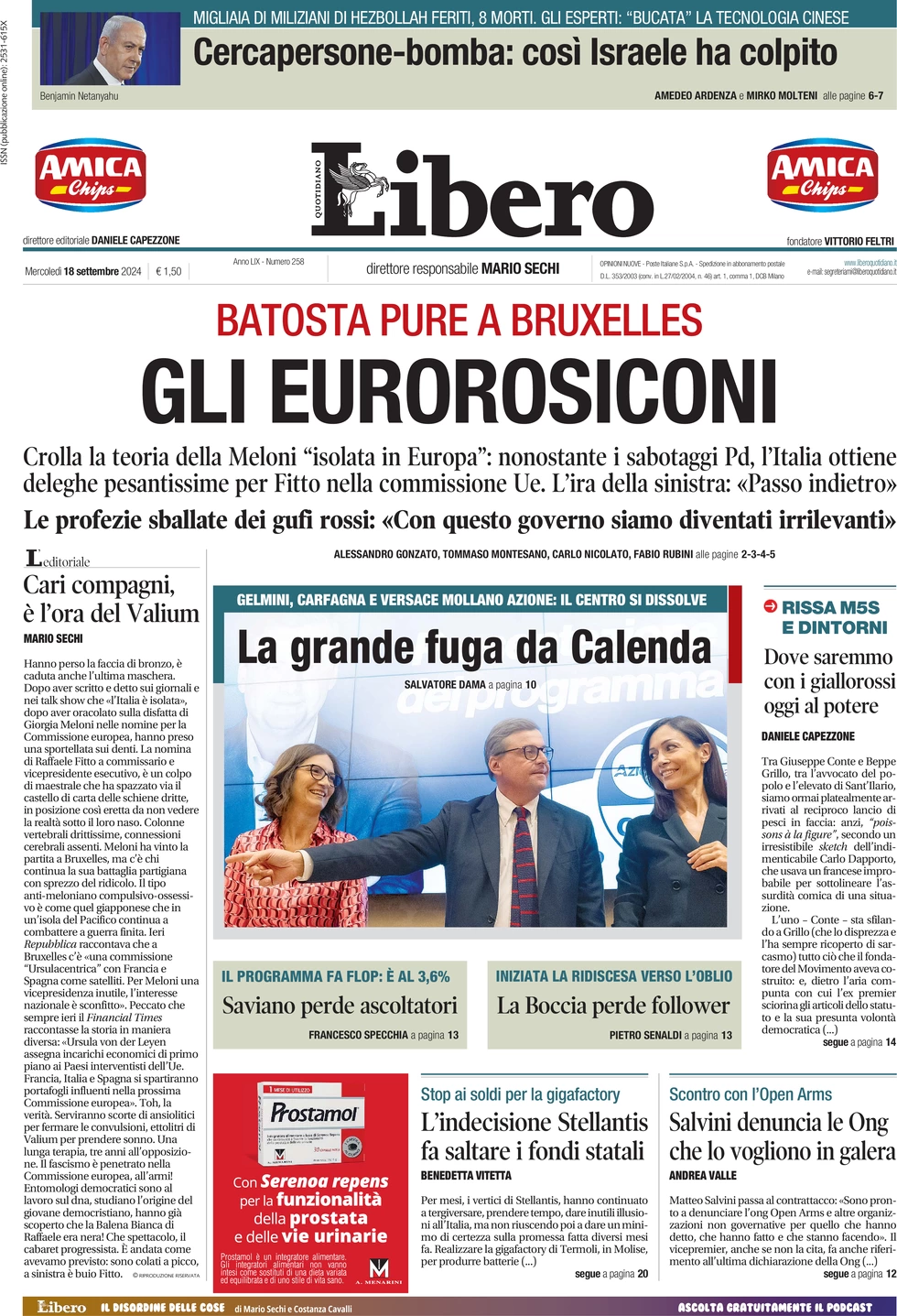 anteprima della prima pagina di libero-quotidiano del 18/09/2024