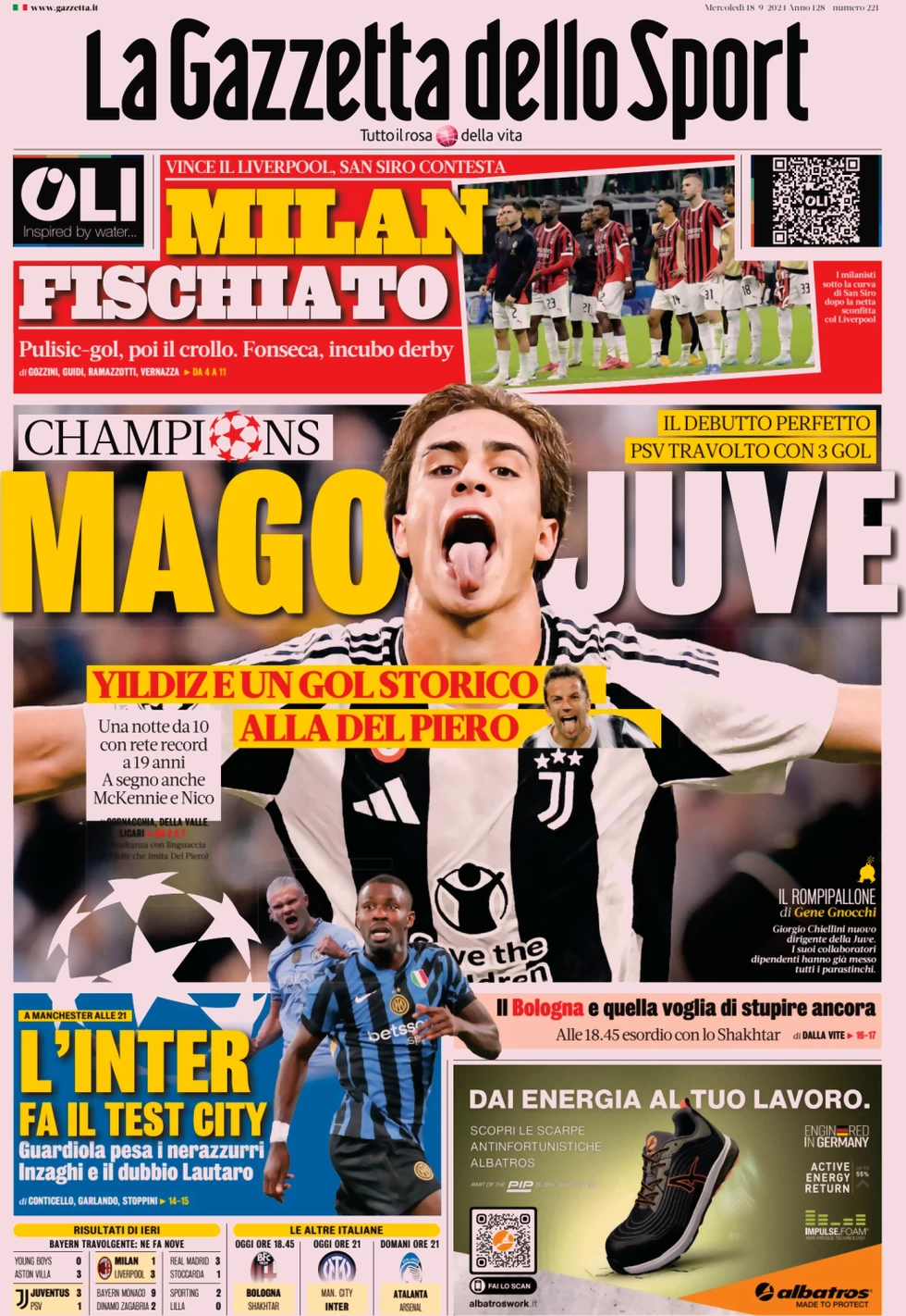 anteprima della prima pagina di la-gazzetta-dello-sport del 18/09/2024