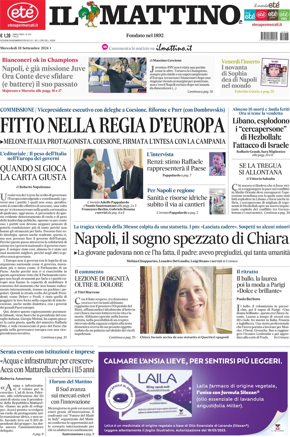 anteprima della prima pagina di il-mattino del 18/09/2024