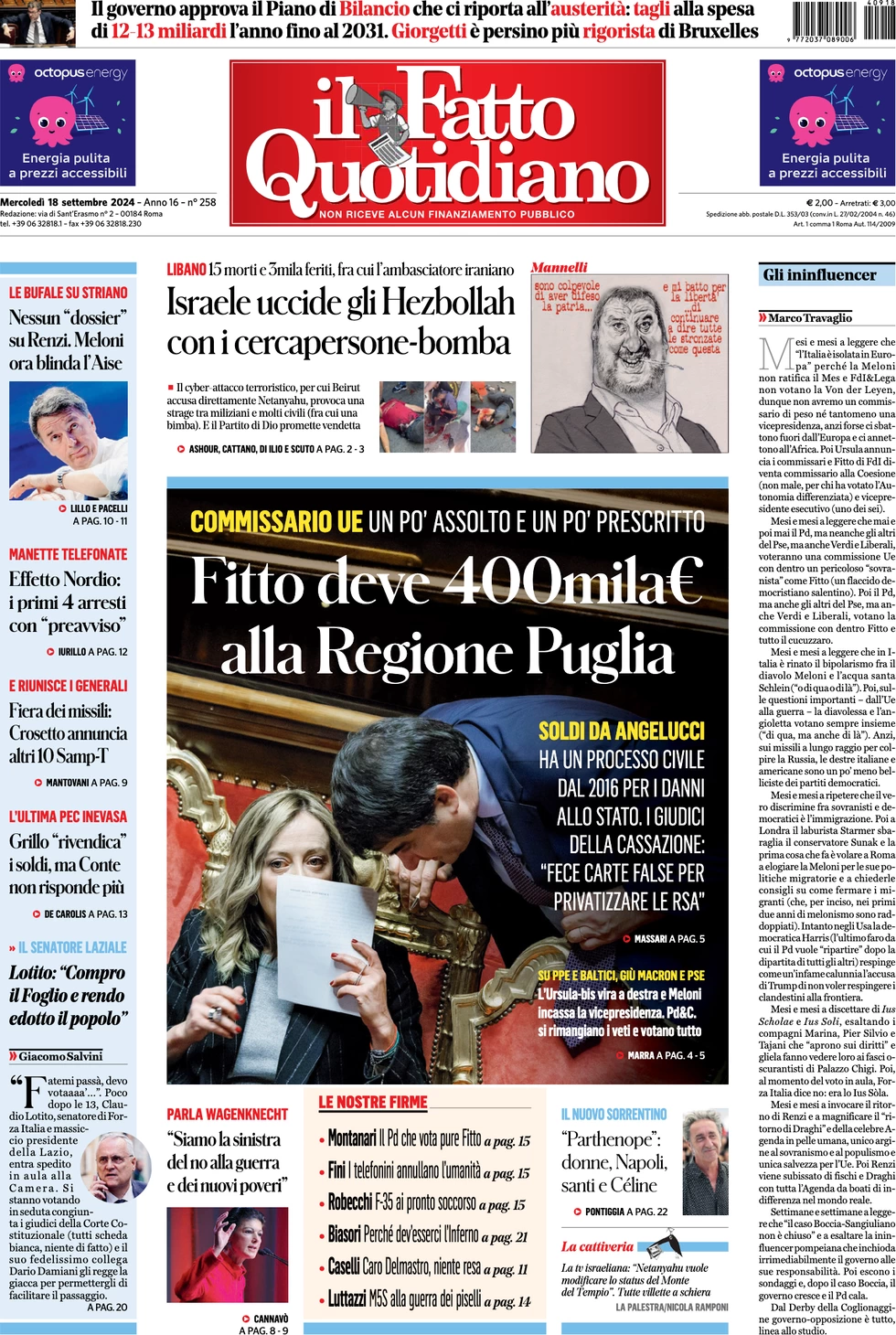 anteprima della prima pagina di il-fatto-quotidiano del 18/09/2024