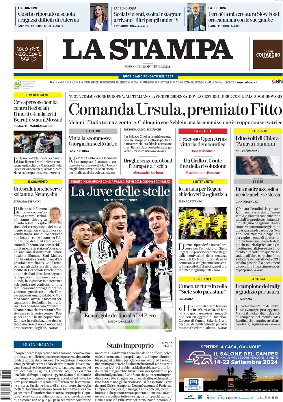 anteprima della prima pagina di la-stampa del 18/09/2024