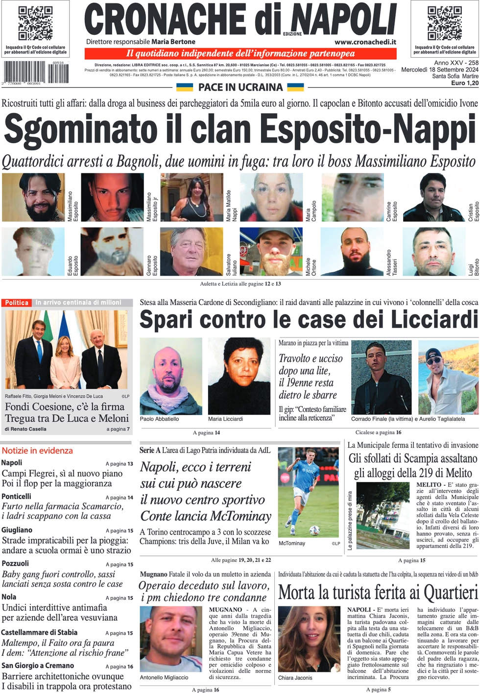 anteprima della prima pagina di cronache-di-napoli del 18/09/2024