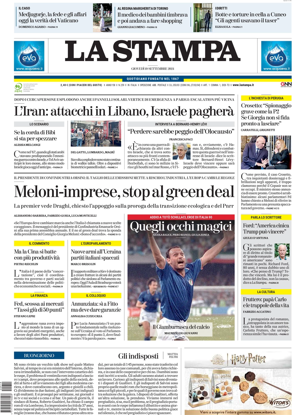 anteprima della prima pagina di la-stampa del 19/09/2024