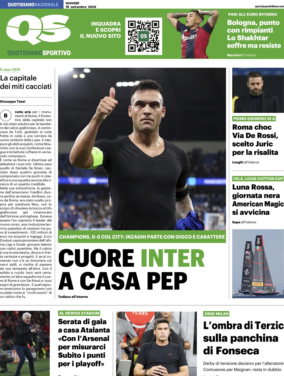 anteprima della prima pagina di qs-quotidiano-sportivo del 19/09/2024