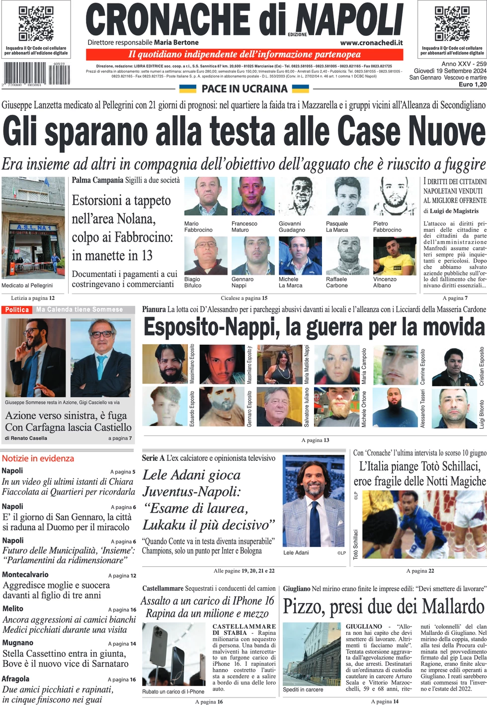 anteprima della prima pagina di cronache-di-napoli del 19/09/2024