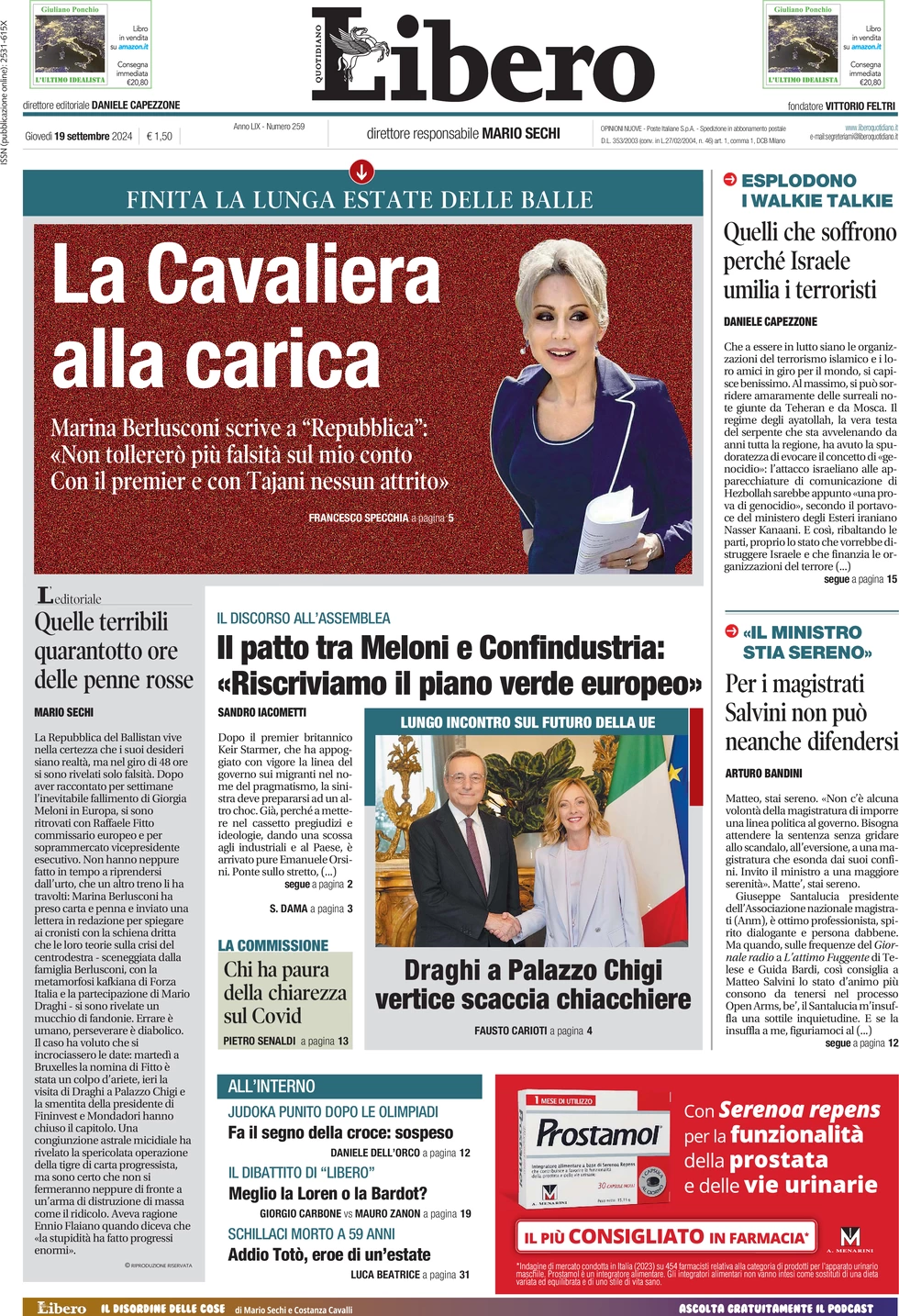 anteprima della prima pagina di libero-quotidiano del 19/09/2024