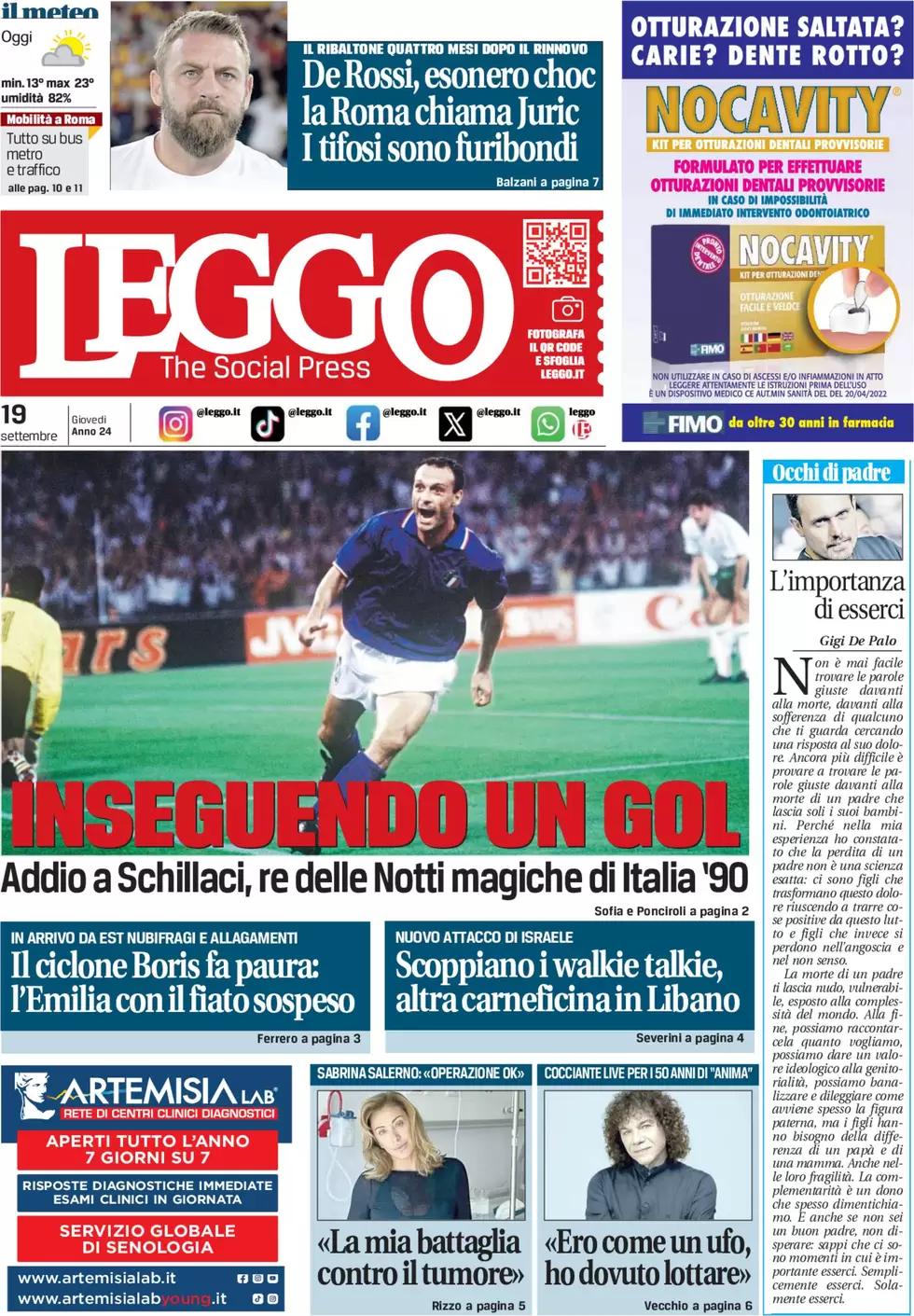 anteprima della prima pagina di leggo-roma del 19/09/2024