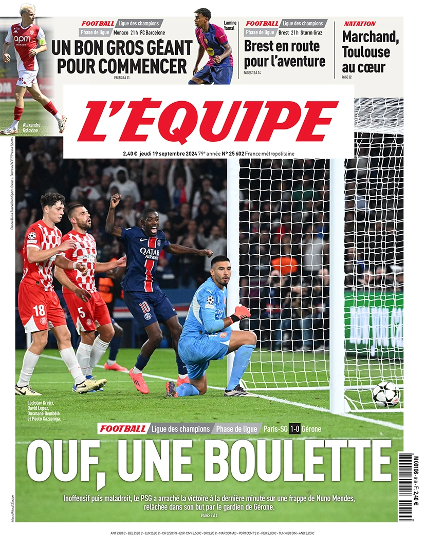 anteprima della prima pagina di lequipe del 19/09/2024