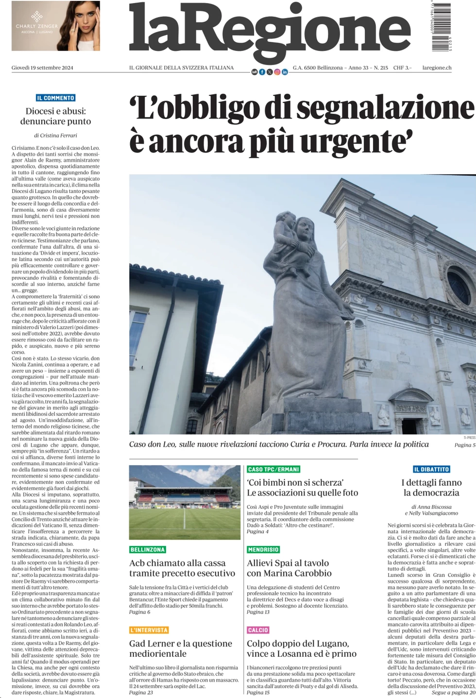 anteprima della prima pagina di la-regione del 19/09/2024