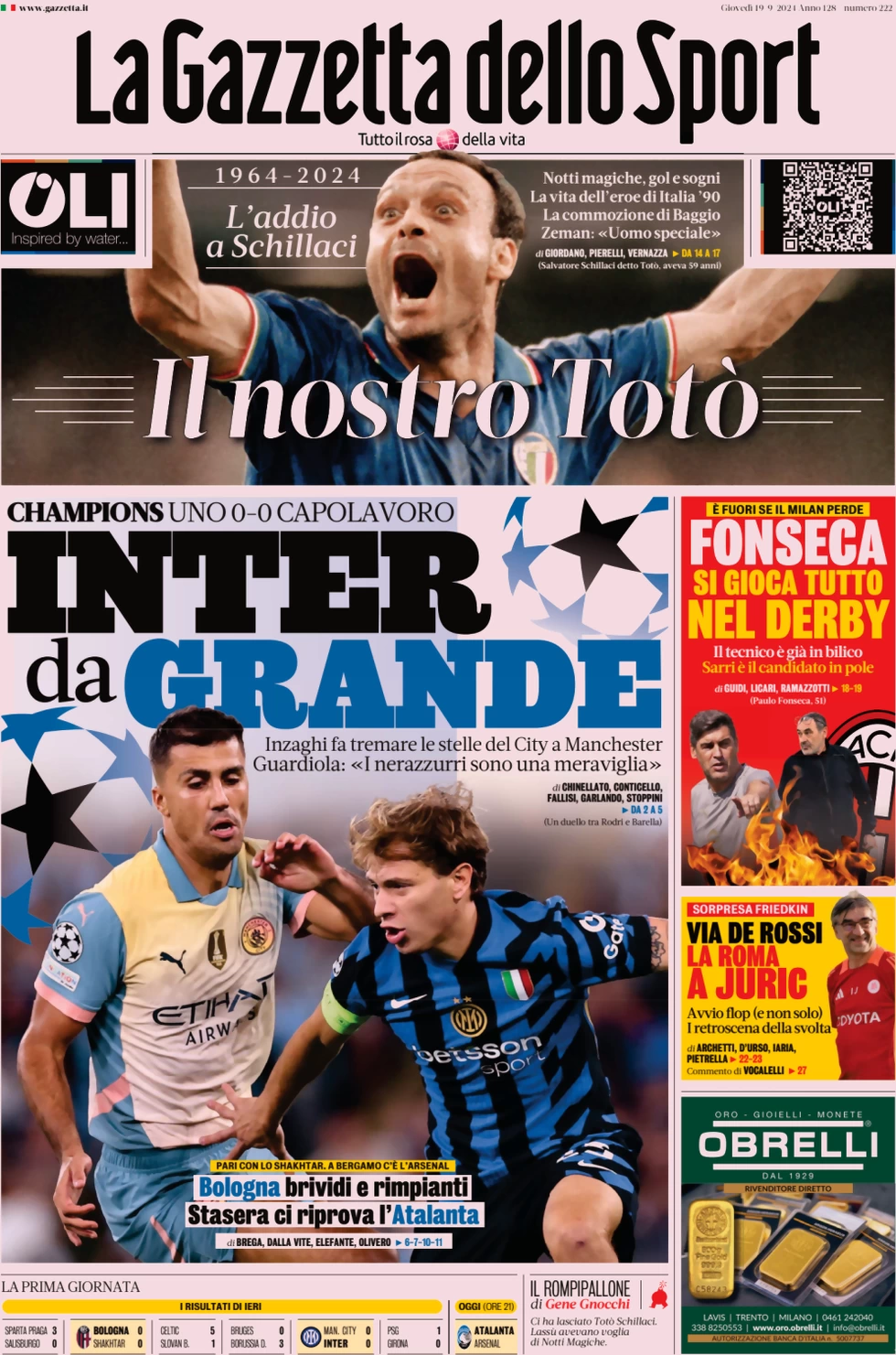 anteprima della prima pagina di la-gazzetta-dello-sport del 19/09/2024