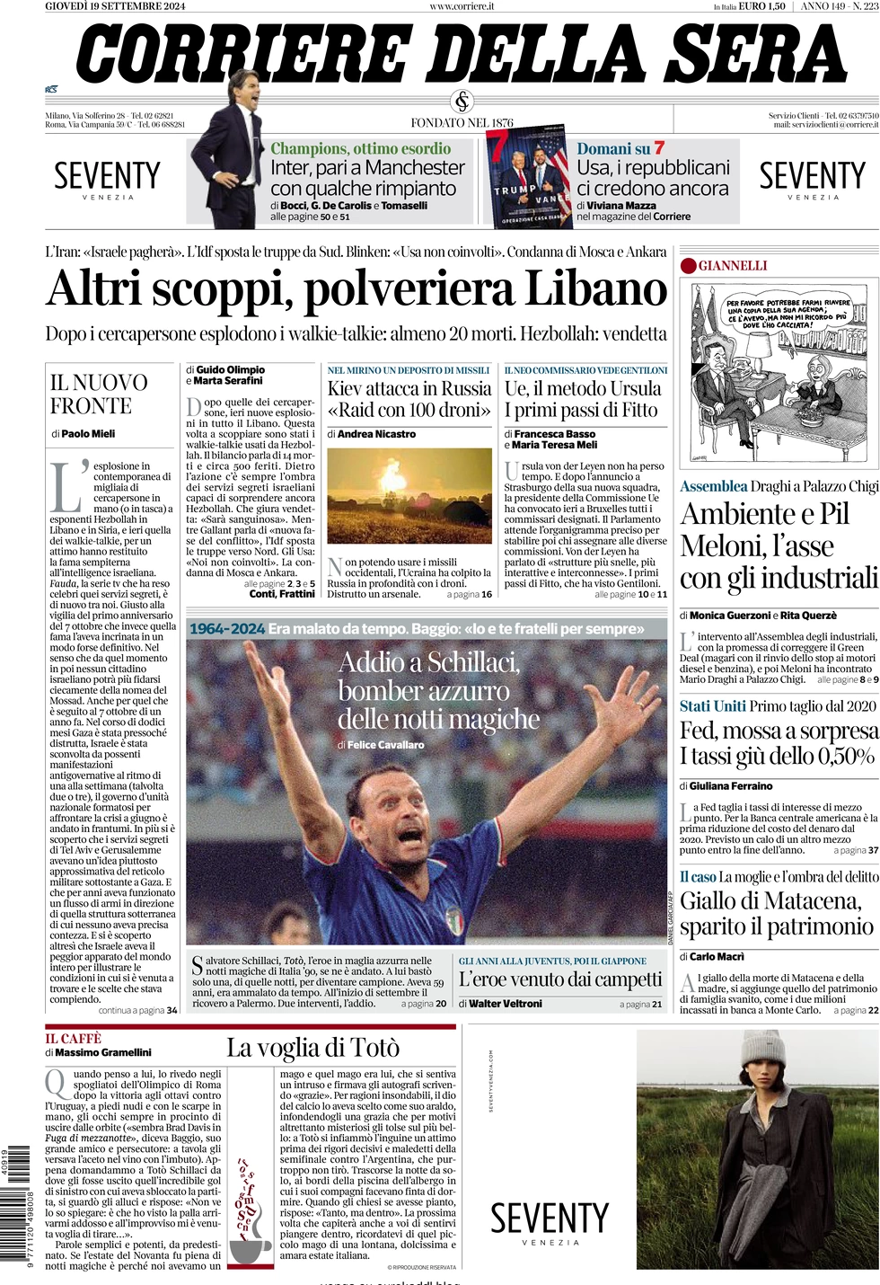 anteprima della prima pagina di corriere-della-sera del 19/09/2024