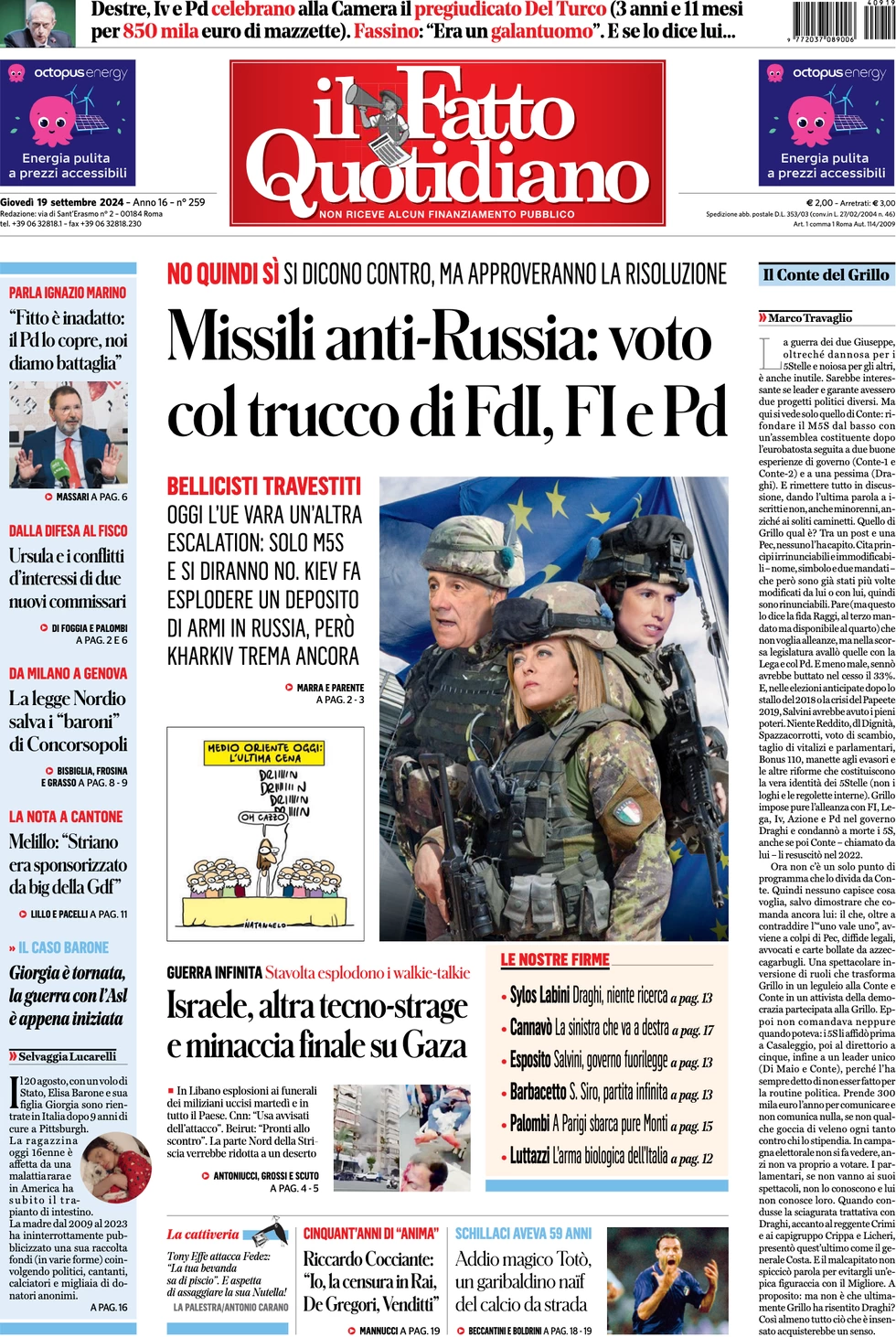 anteprima della prima pagina di il-fatto-quotidiano del 19/09/2024