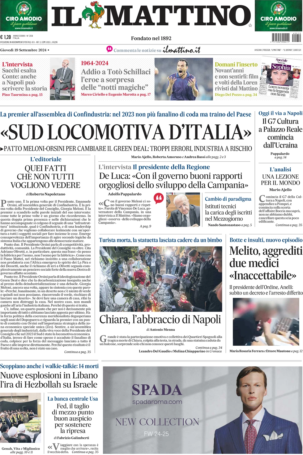 anteprima della prima pagina di il-mattino del 19/09/2024