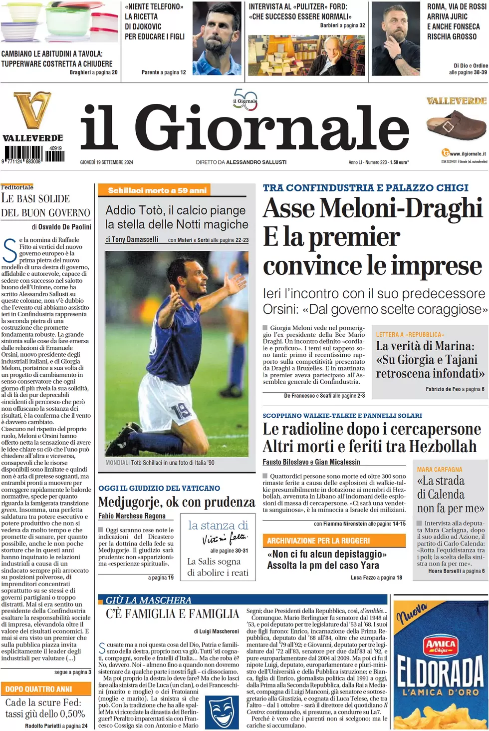 anteprima della prima pagina di il-giornale del 19/09/2024