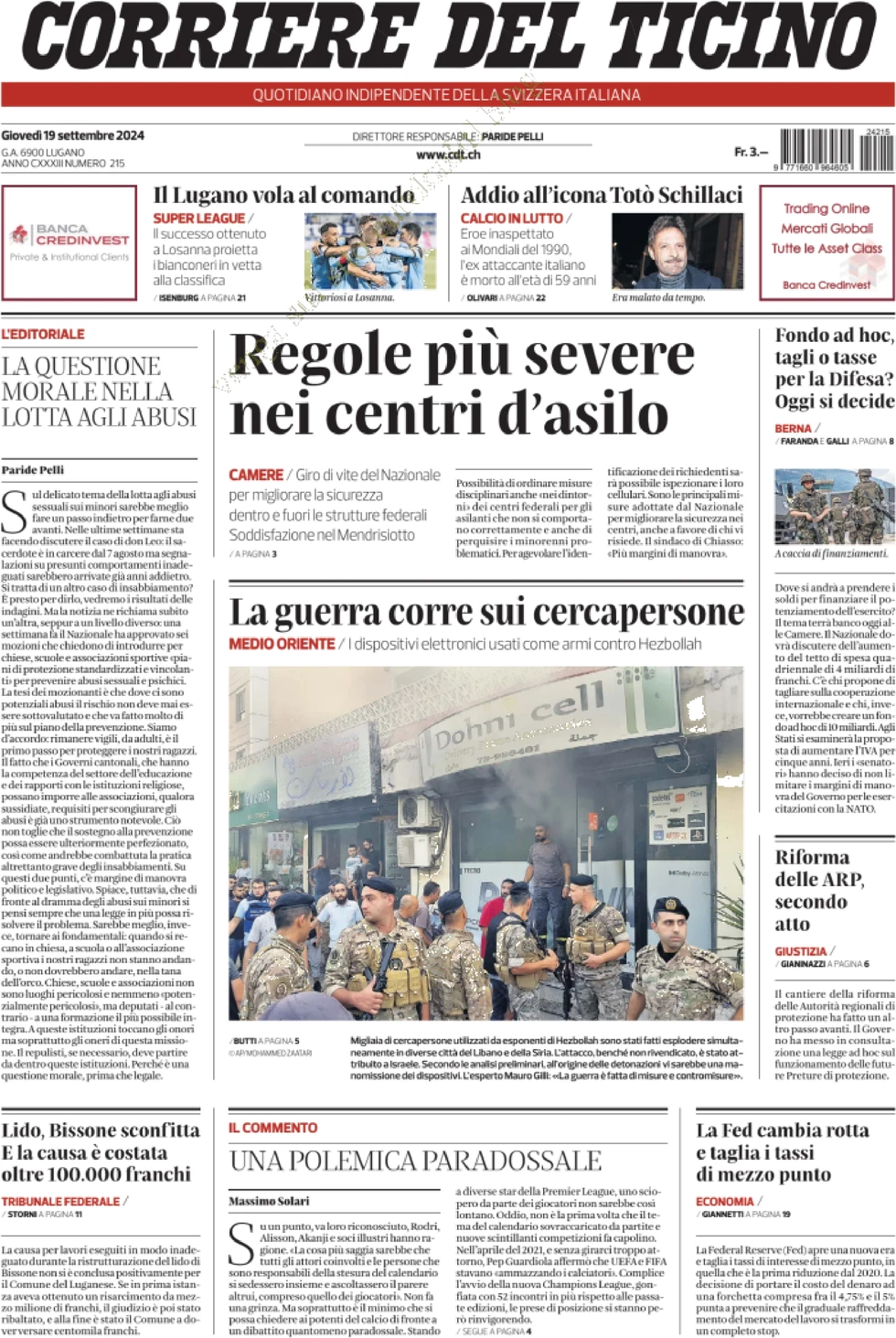 anteprima della prima pagina di corriere-del-ticino del 19/09/2024