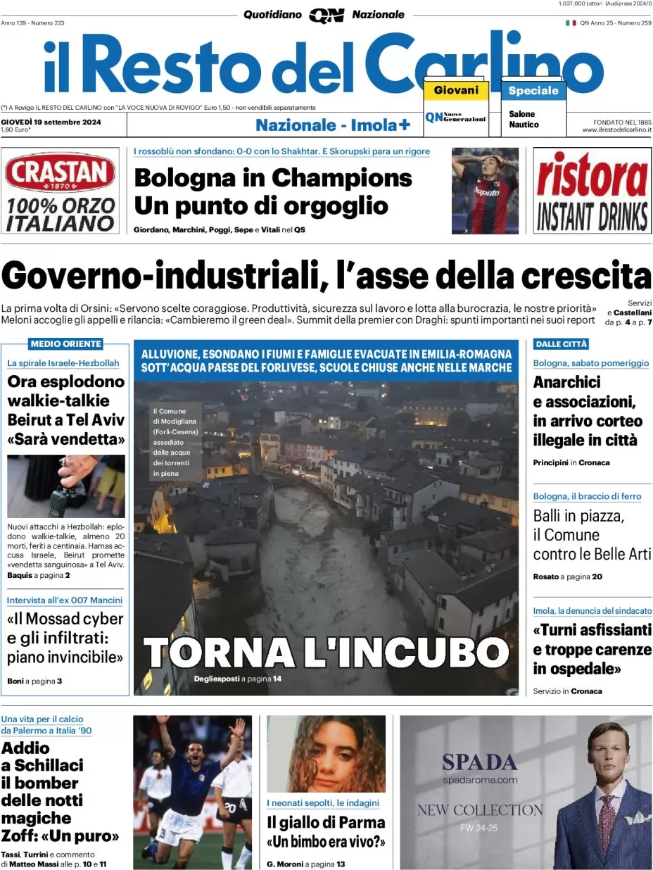 anteprima della prima pagina di il-resto-del-carlino del 19/09/2024