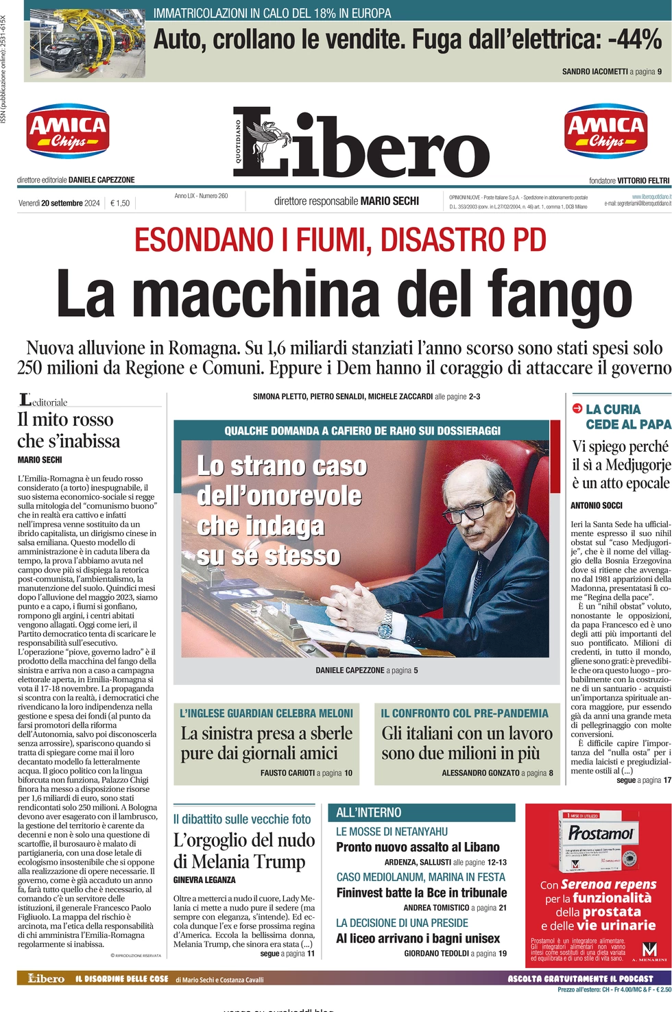 anteprima della prima pagina di libero-quotidiano del 20/09/2024