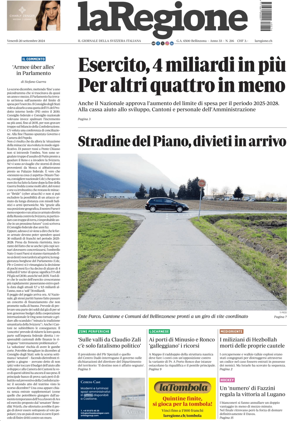 anteprima della prima pagina di la-regione del 20/09/2024