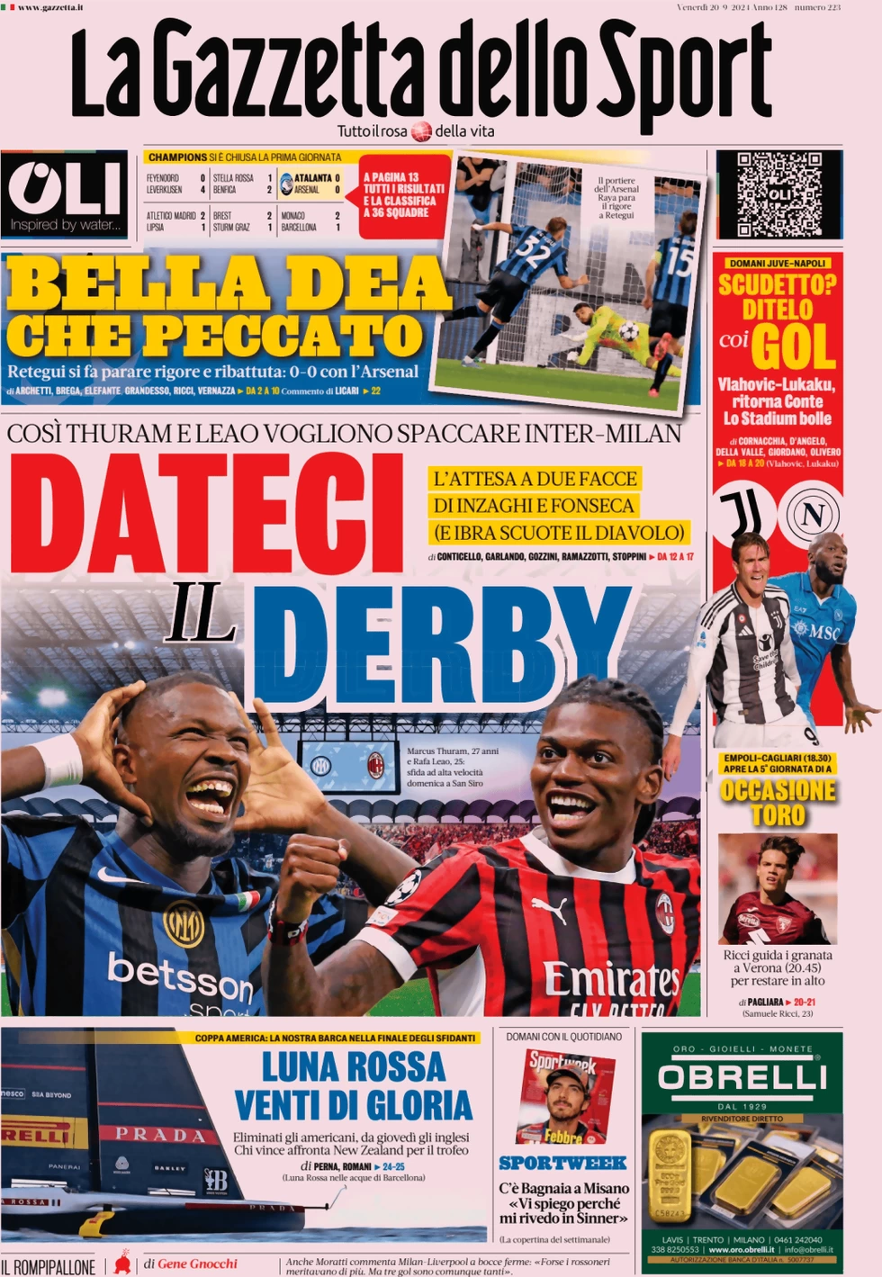 anteprima della prima pagina di la-gazzetta-dello-sport del 20/09/2024