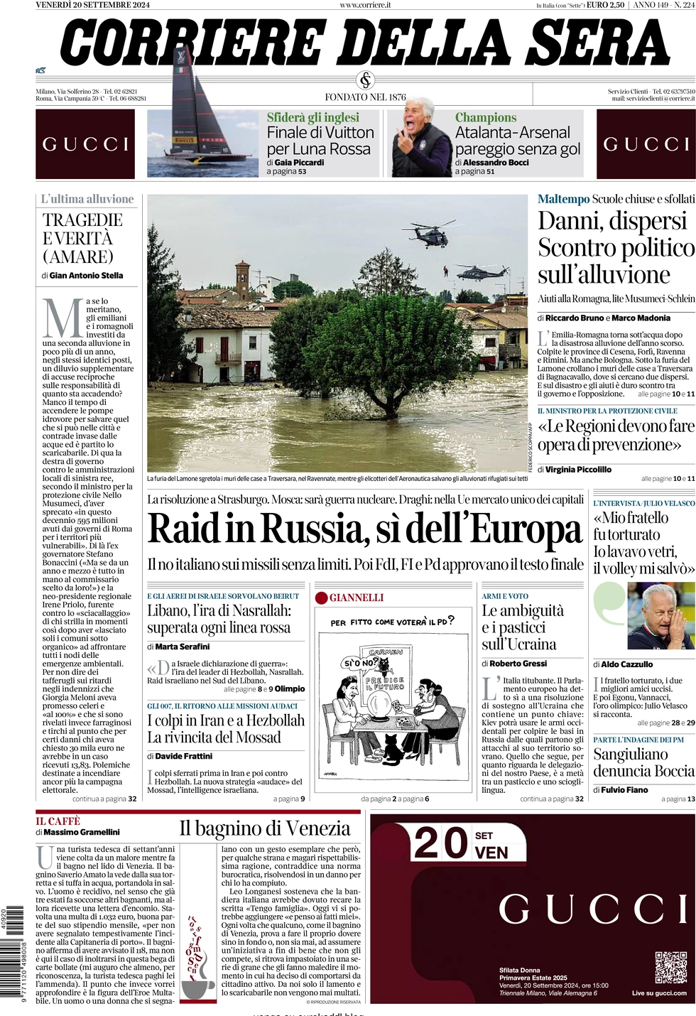 anteprima della prima pagina di corriere-della-sera del 20/09/2024