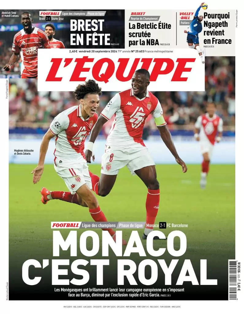 anteprima della prima pagina di lequipe del 20/09/2024