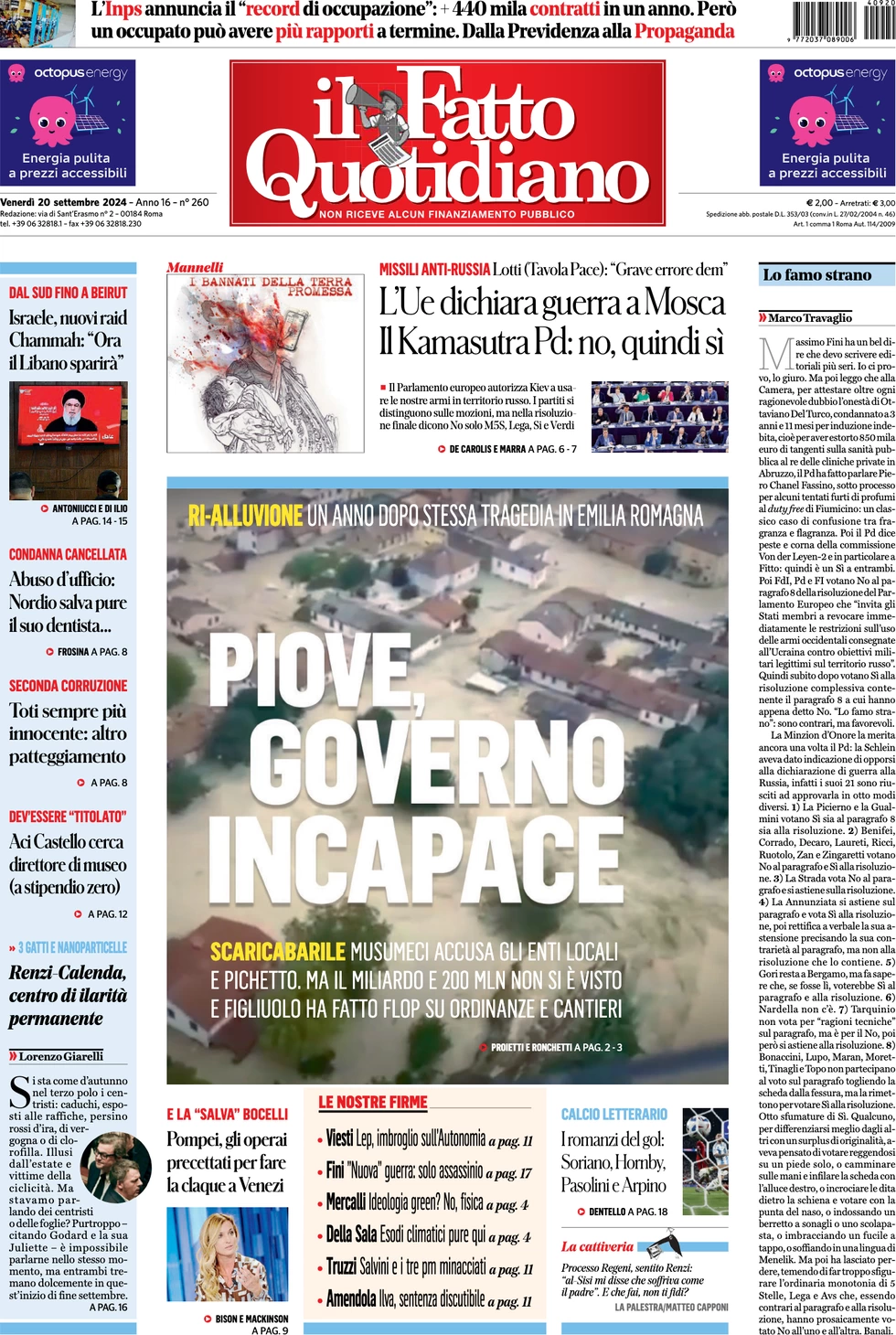 anteprima della prima pagina di il-fatto-quotidiano del 20/09/2024