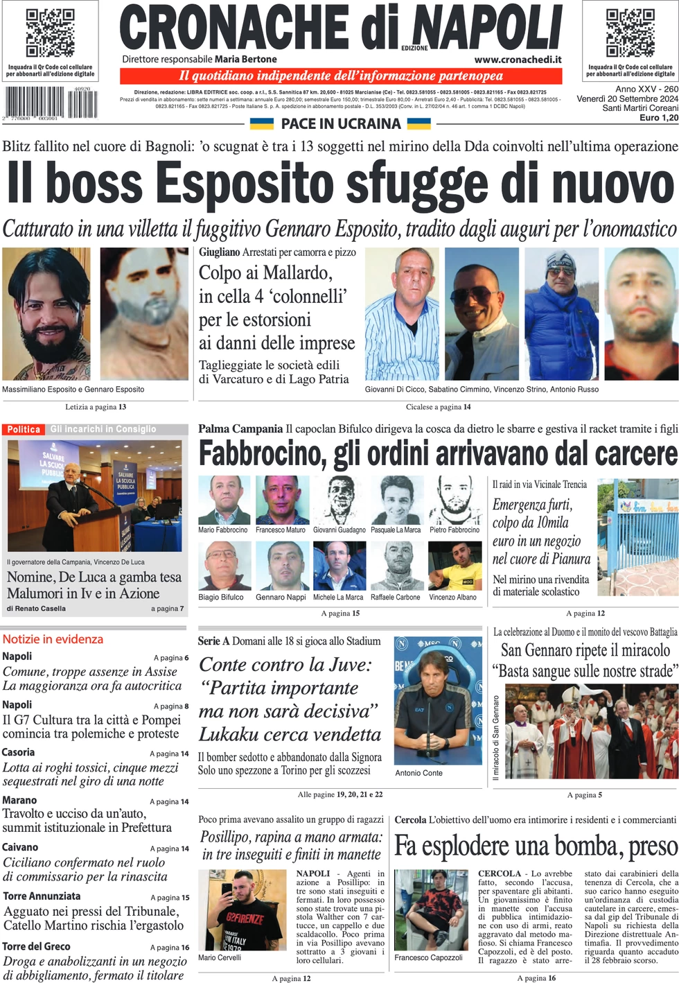 anteprima della prima pagina di cronache-di-napoli del 20/09/2024