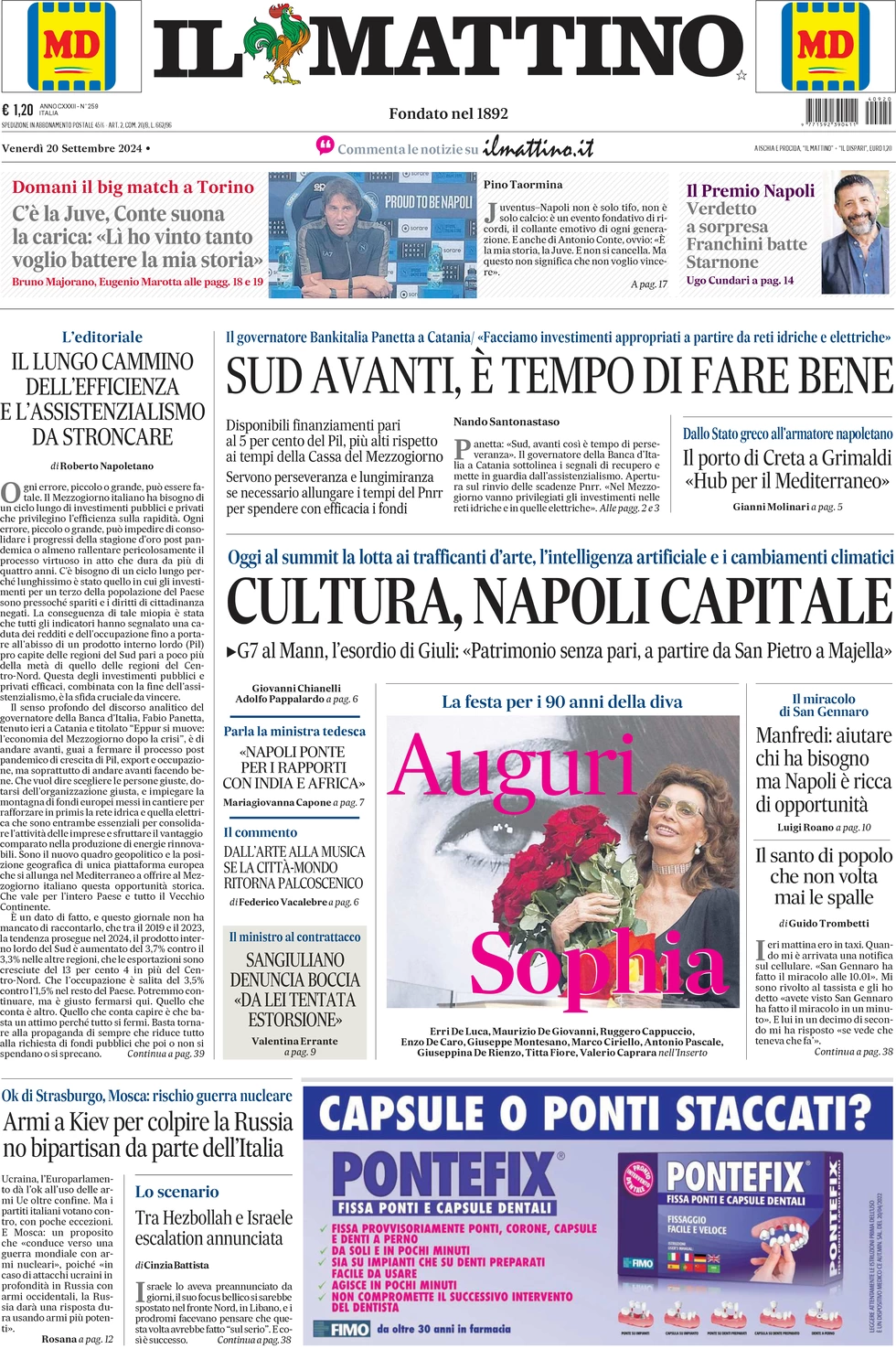 anteprima della prima pagina di il-mattino del 20/09/2024