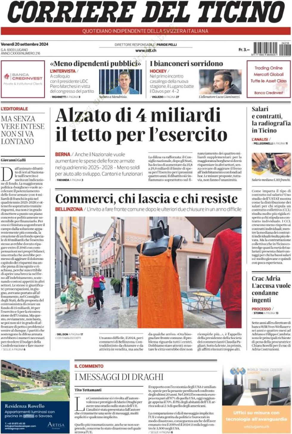 anteprima della prima pagina di corriere-del-ticino del 20/09/2024