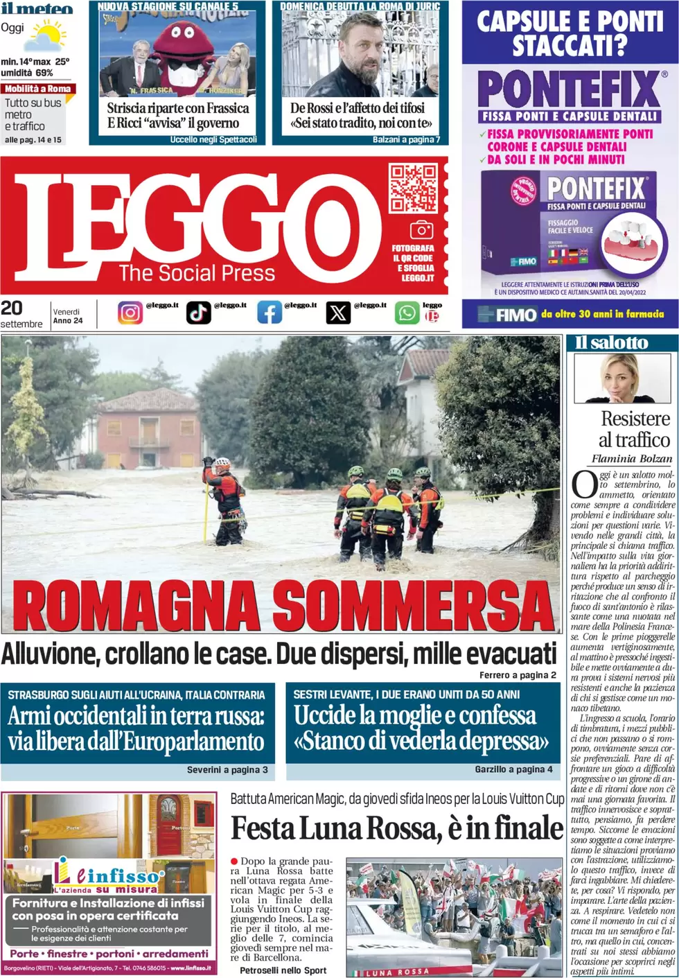 anteprima della prima pagina di leggo-roma del 20/09/2024