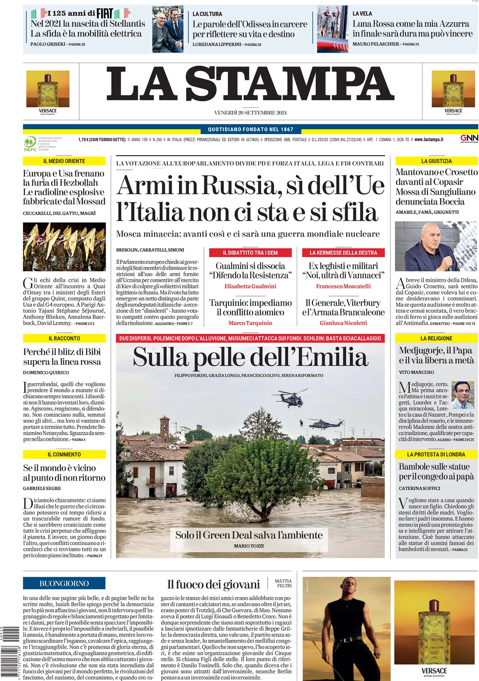 anteprima della prima pagina di la-stampa del 20/09/2024