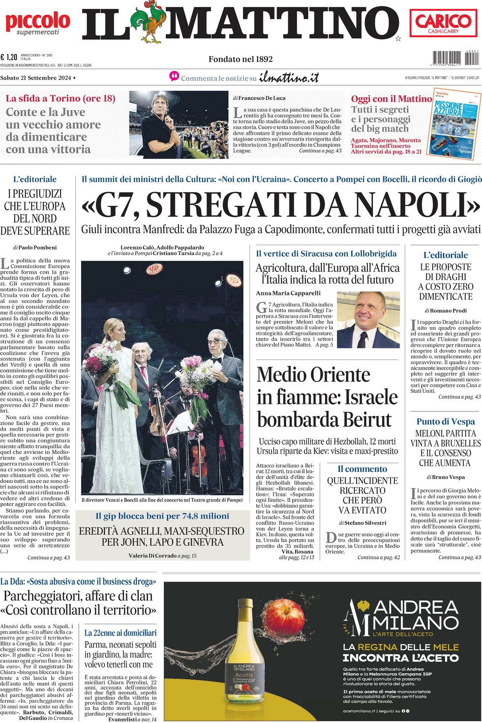 anteprima della prima pagina di il-mattino del 21/09/2024