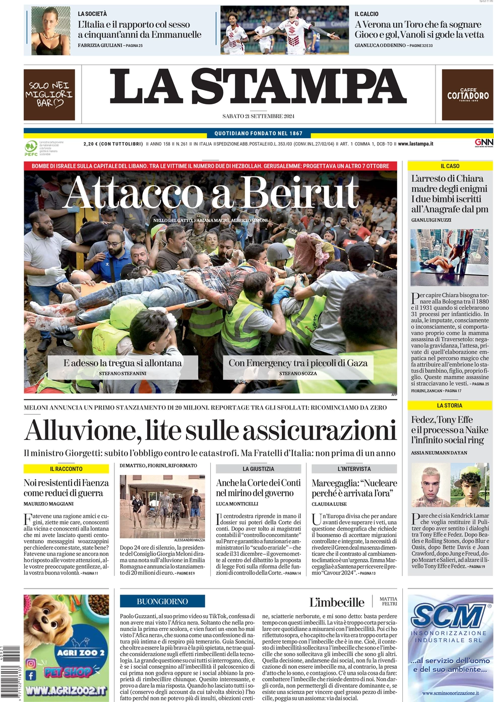 anteprima della prima pagina di la-stampa del 21/09/2024