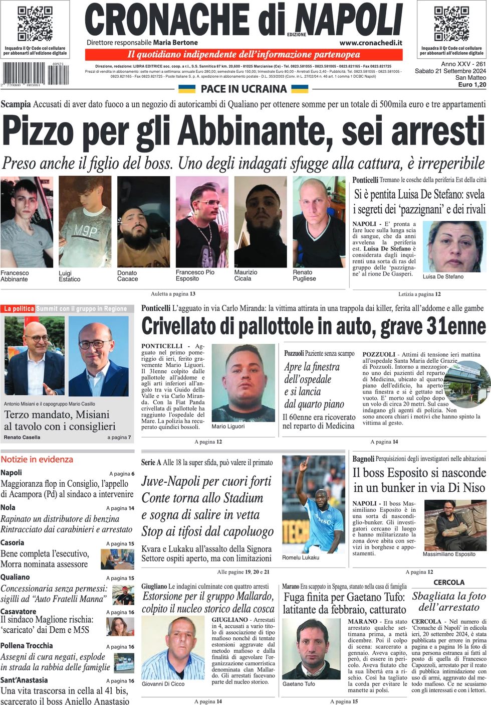 anteprima della prima pagina di cronache-di-napoli del 21/09/2024