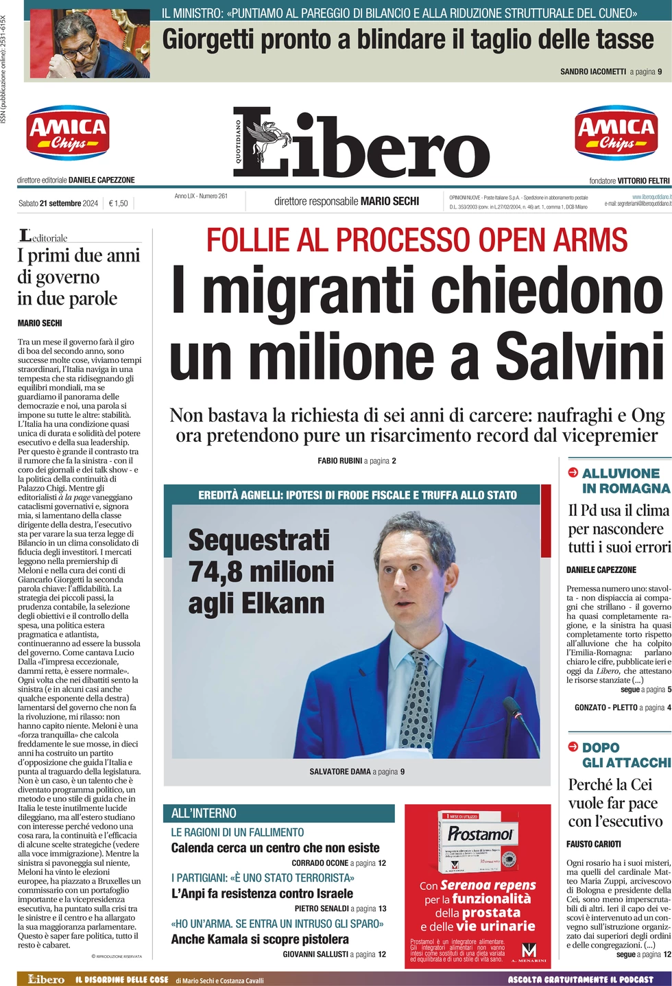 anteprima della prima pagina di libero-quotidiano del 21/09/2024